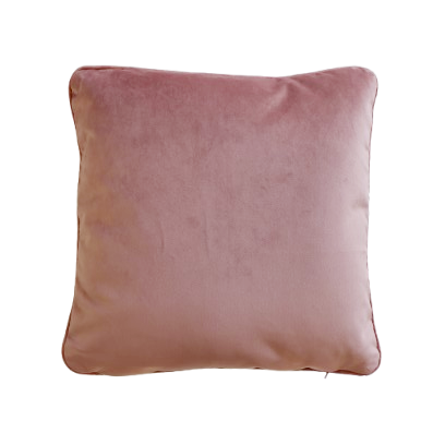 Back of pink floral cushion cover with piped edge on a white background