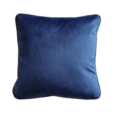 Back of blue floral cushion cover with piped edge on a white background