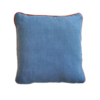 Blue chenille cushion cover with contrasting piping on a white background