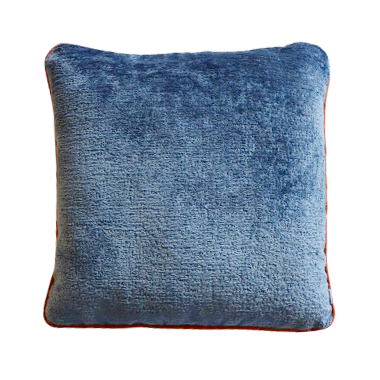 Blue plush chenille cushion cover with contrasting piping with a white background