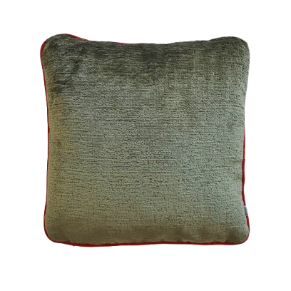 Textured green chenille cushion cover with contrasting piping on a white background
