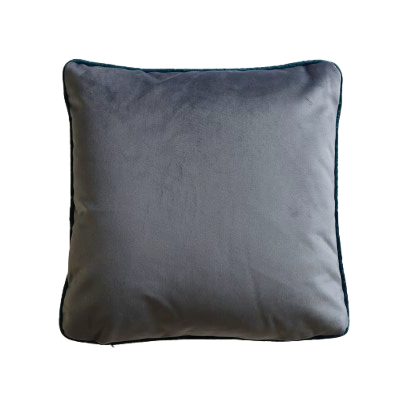 Back of floral cushion cover with piped edge on a white background