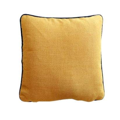 Yellow chenille cushion cover with contrasting piping on a white background