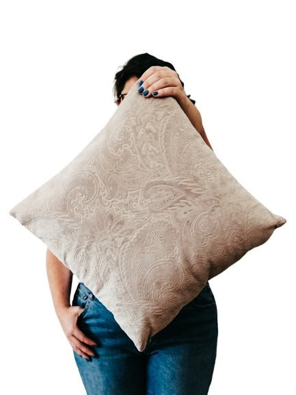 Person holding a paisley textured velvet cushion cover