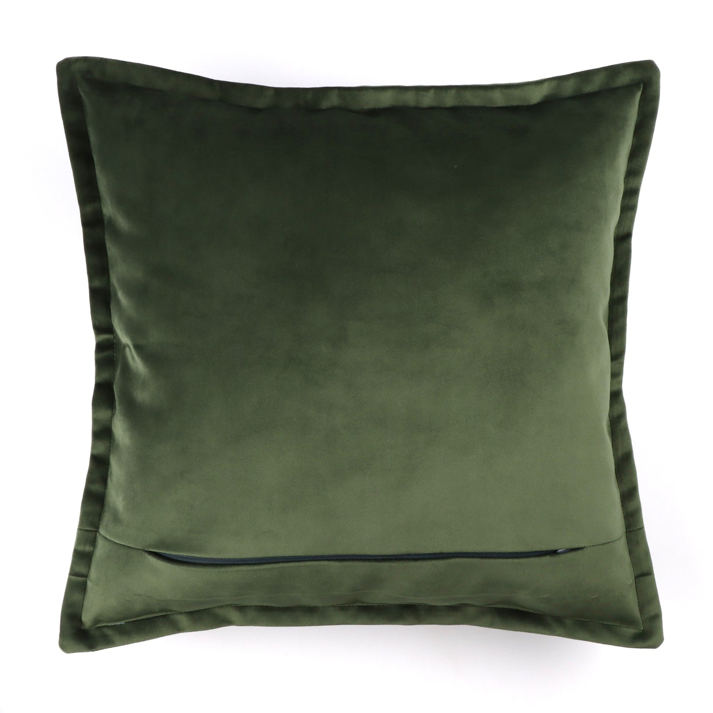Back of olive green velvet cushion cover with flange edging