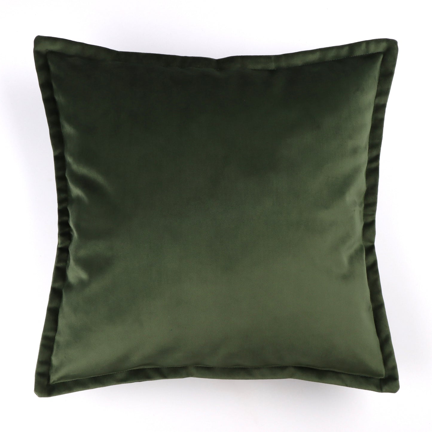 Front of olive green velvet cushion cover with flange edging