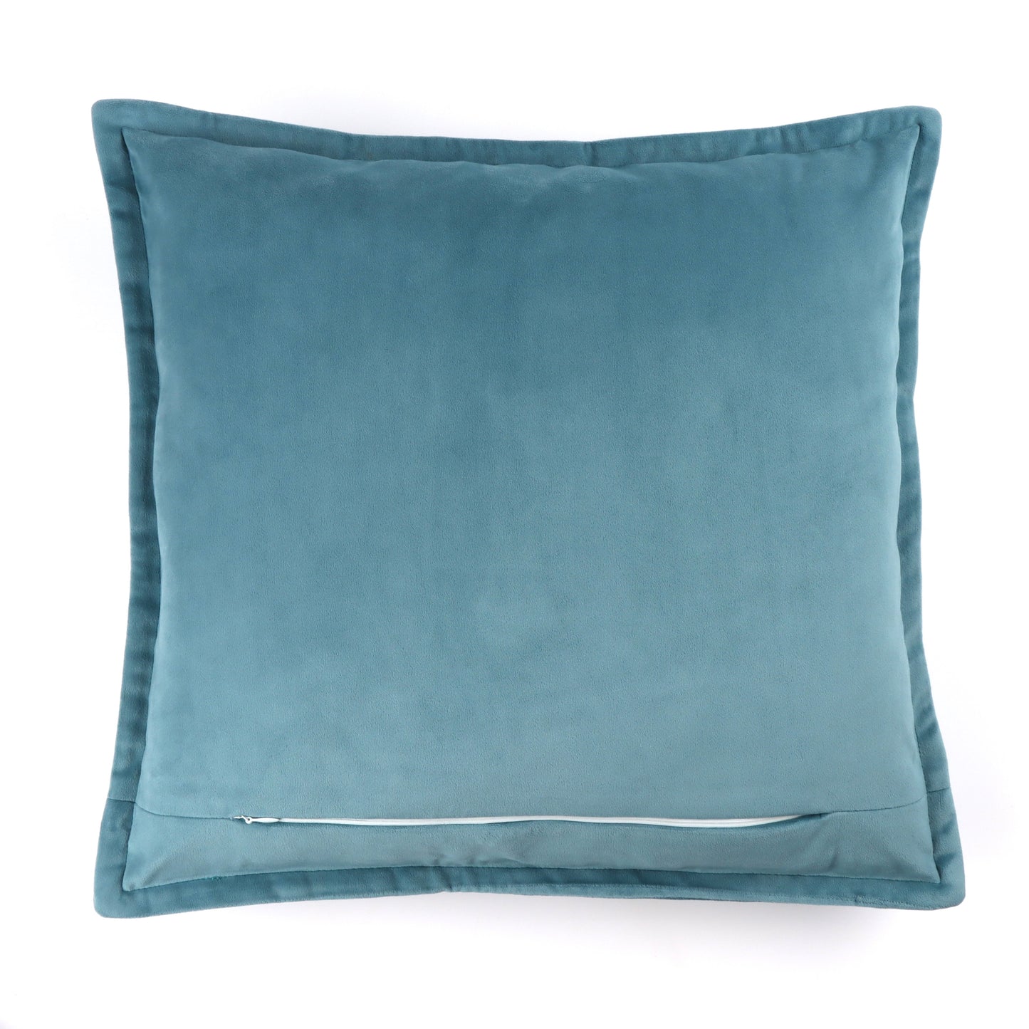 Back of teal velvet cushion cover with flange edging
