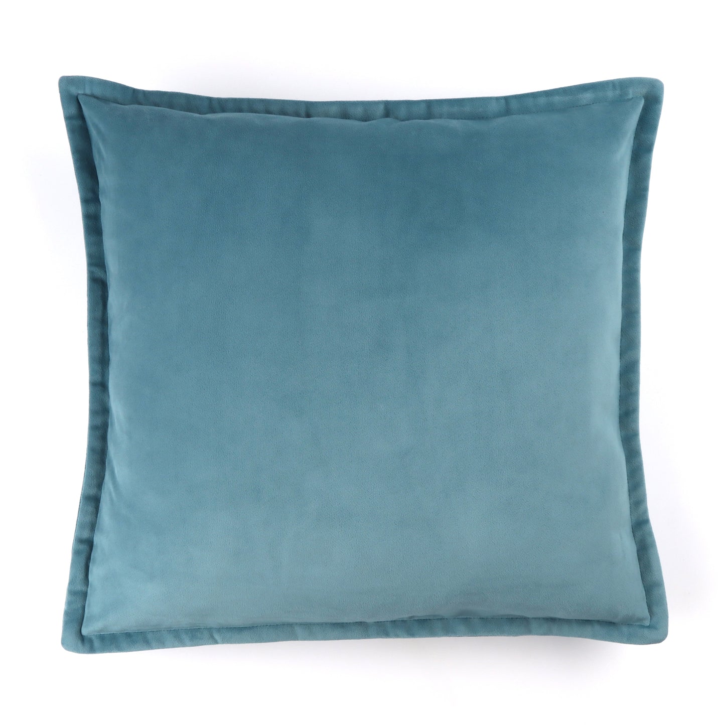Front of teal velvet cushion cover with flange edging