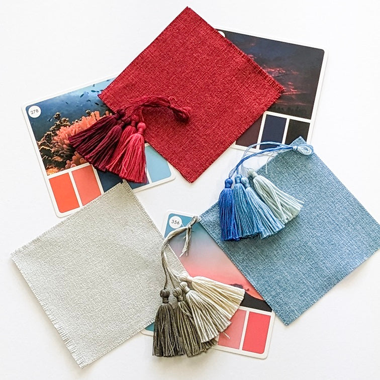 Inspiration for red, white and blue cushion cover with embroidery and tassels