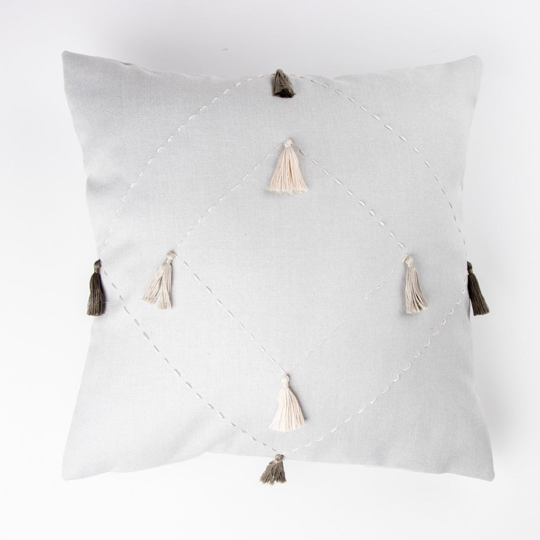 White diamond  cushion cover with embroidery and tassels