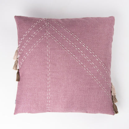 Front of high quality pink cushion cover with embroidery and tassels