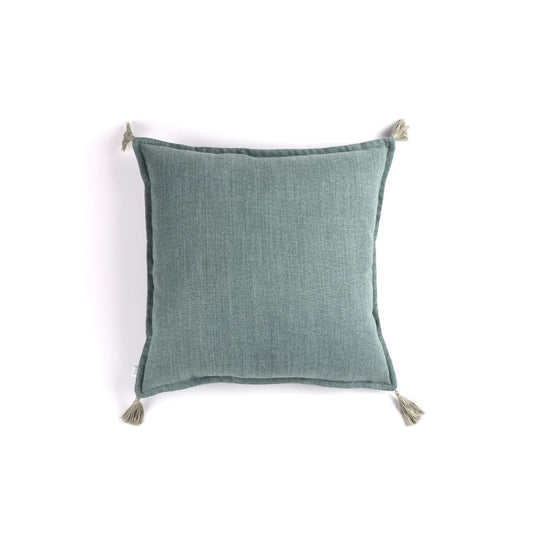 Front of green handmade cushion cover with tassels