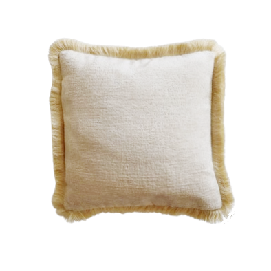 Yellow chenille cushion cover with cotton fringe on a white background