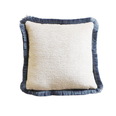 Blue chenille cushion cover with cotton fringe on a white background
