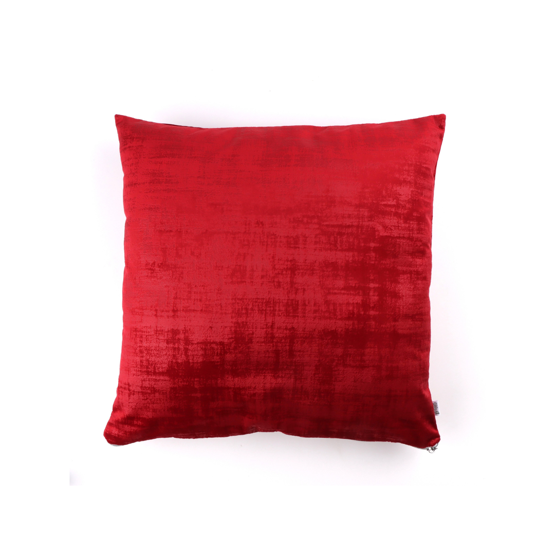 Front of cherry red textured velvet cushion cover with exposed zipper