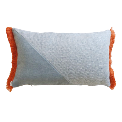 Blue and orange oblong cushion cover with cotton fringe on a white background