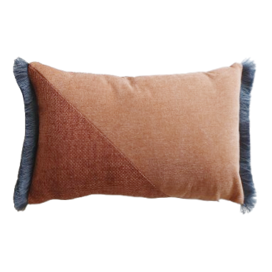 Brown and blue oblong cushion cover with cotton fringe on a white background