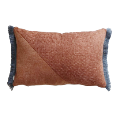 Brown and blue oblong cushion cover with cotton fringe on a white background