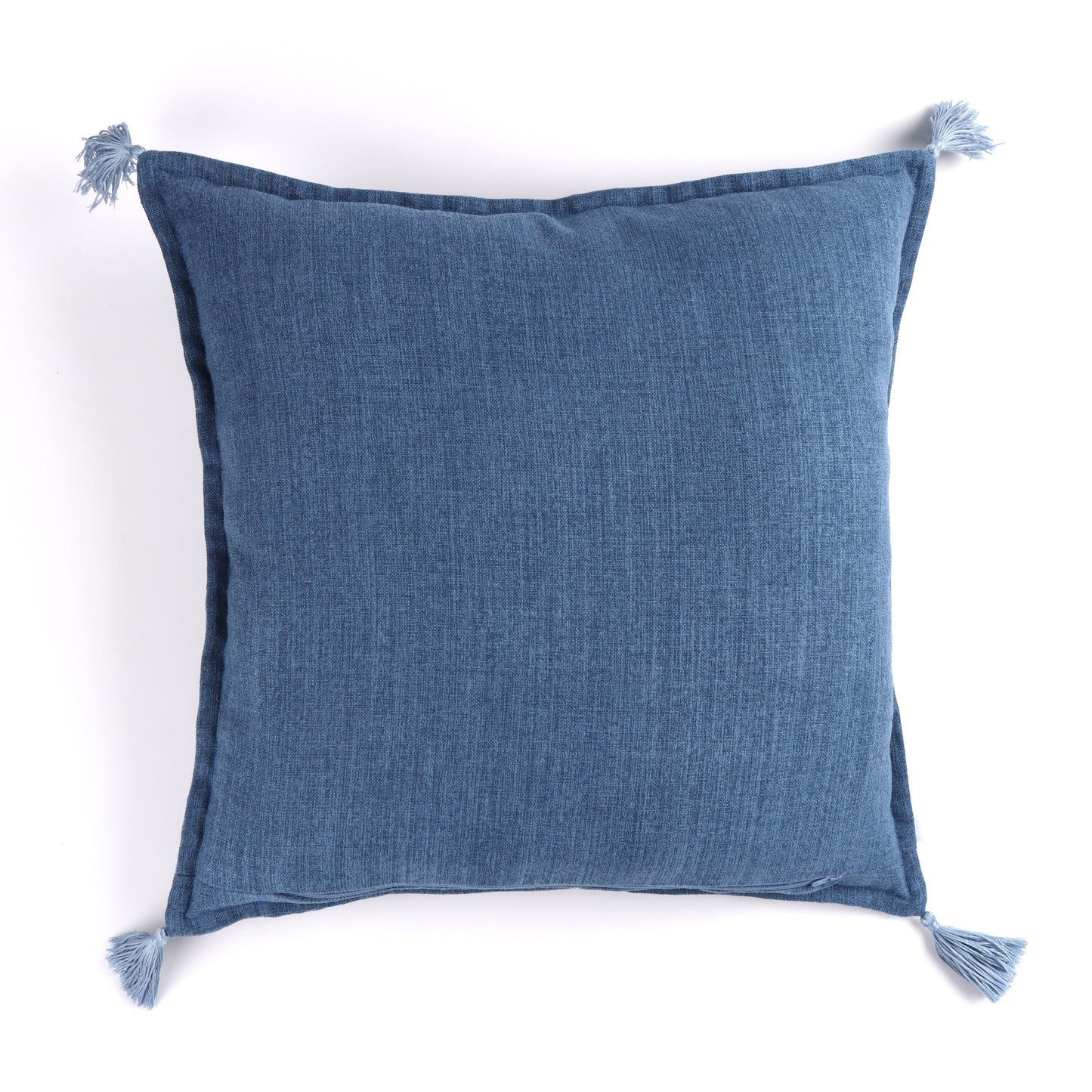 Back of denim blue handmade cushion cover with tassels