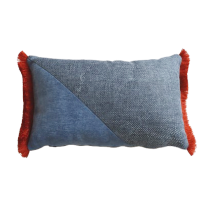 Blue oblong cushion cover with cotton fringe on a white background