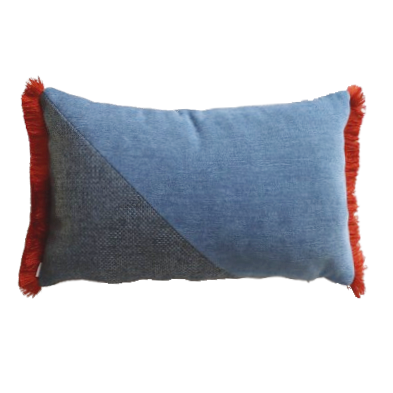 Blue oblong cushion cover with cotton fringe on a white background