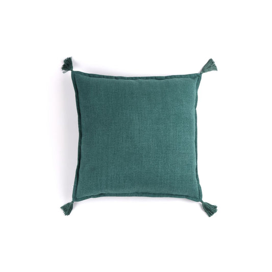 Front of green handmade cushion cover with tassels