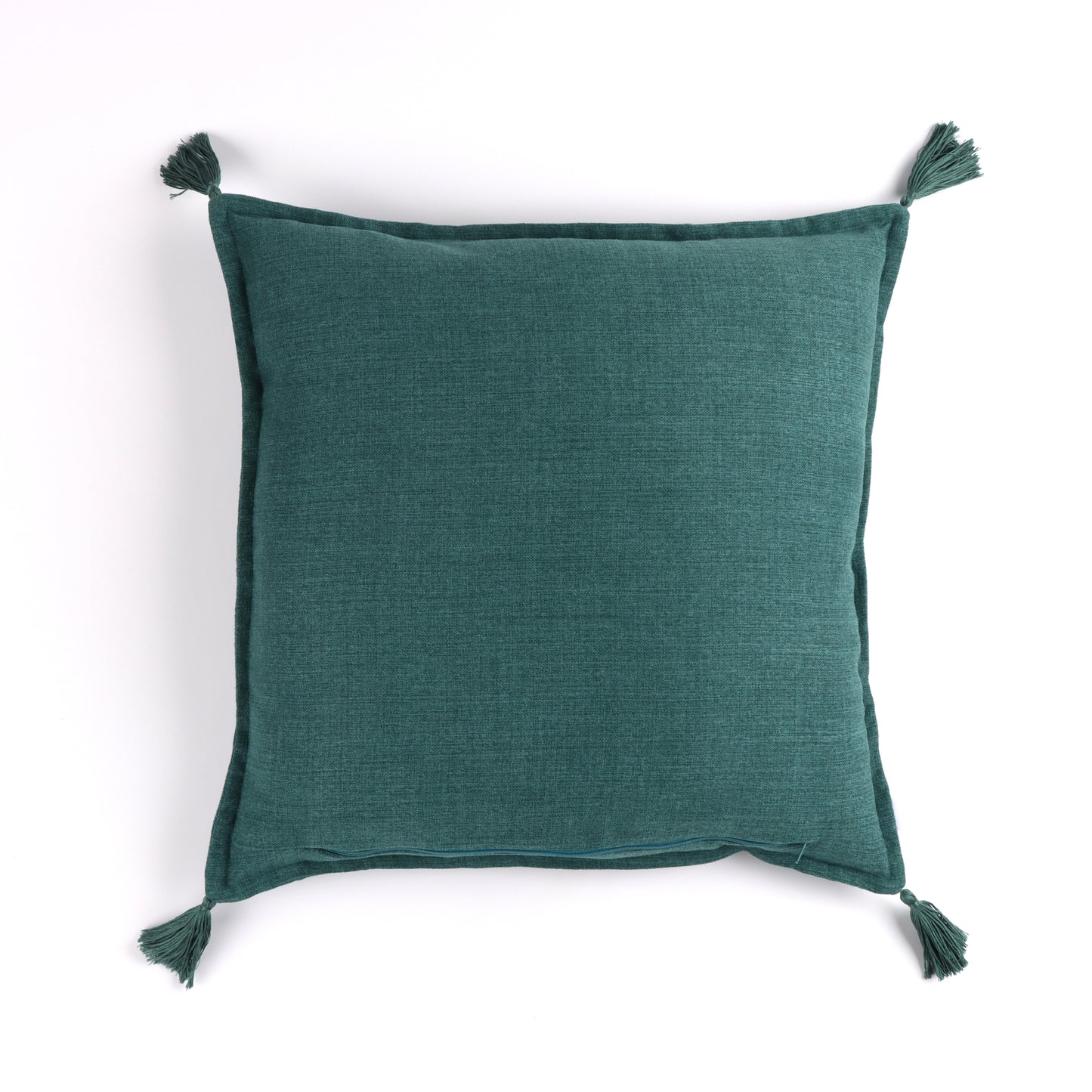 Back of emerald handmade cushion cover with tassels