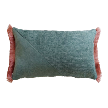 Teal and pink oblong cushion cover with cotton fringe on a white background