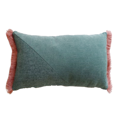 Green and pink oblong cushion cover with cotton fringe on a white background