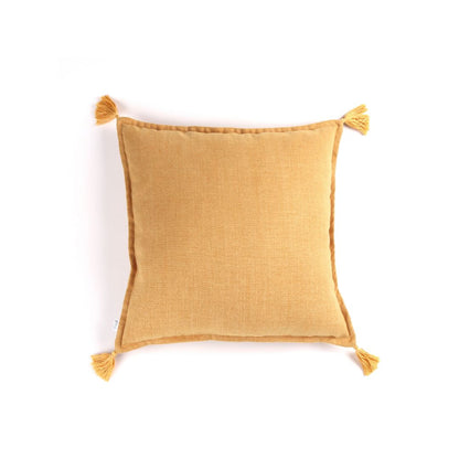 Front of yellow Handmade cushion cover with tassels