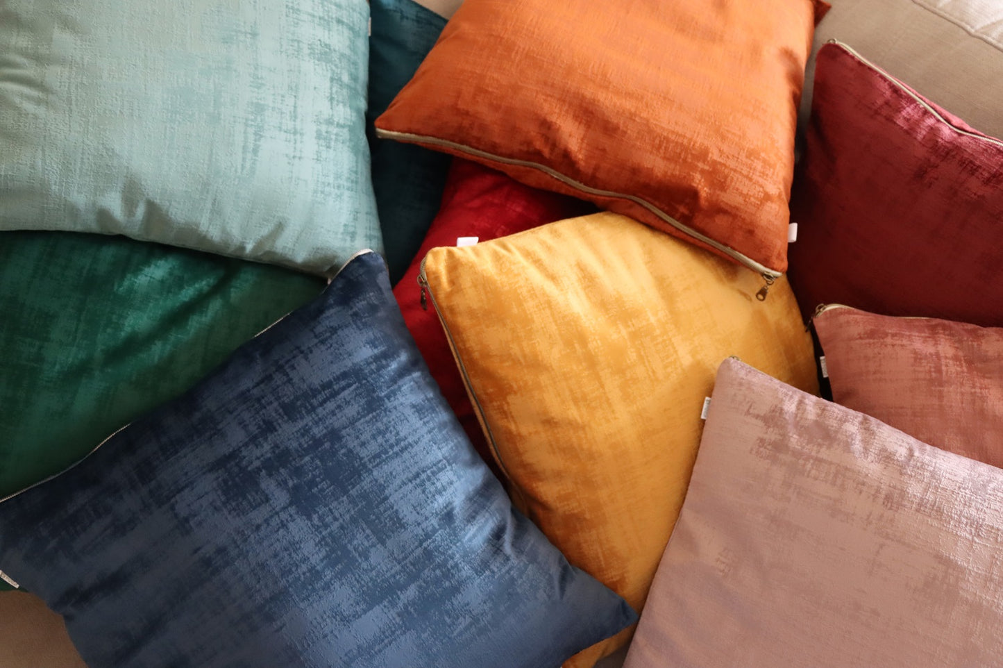 Colour options of textured velvet cushion cover with exposed zipper