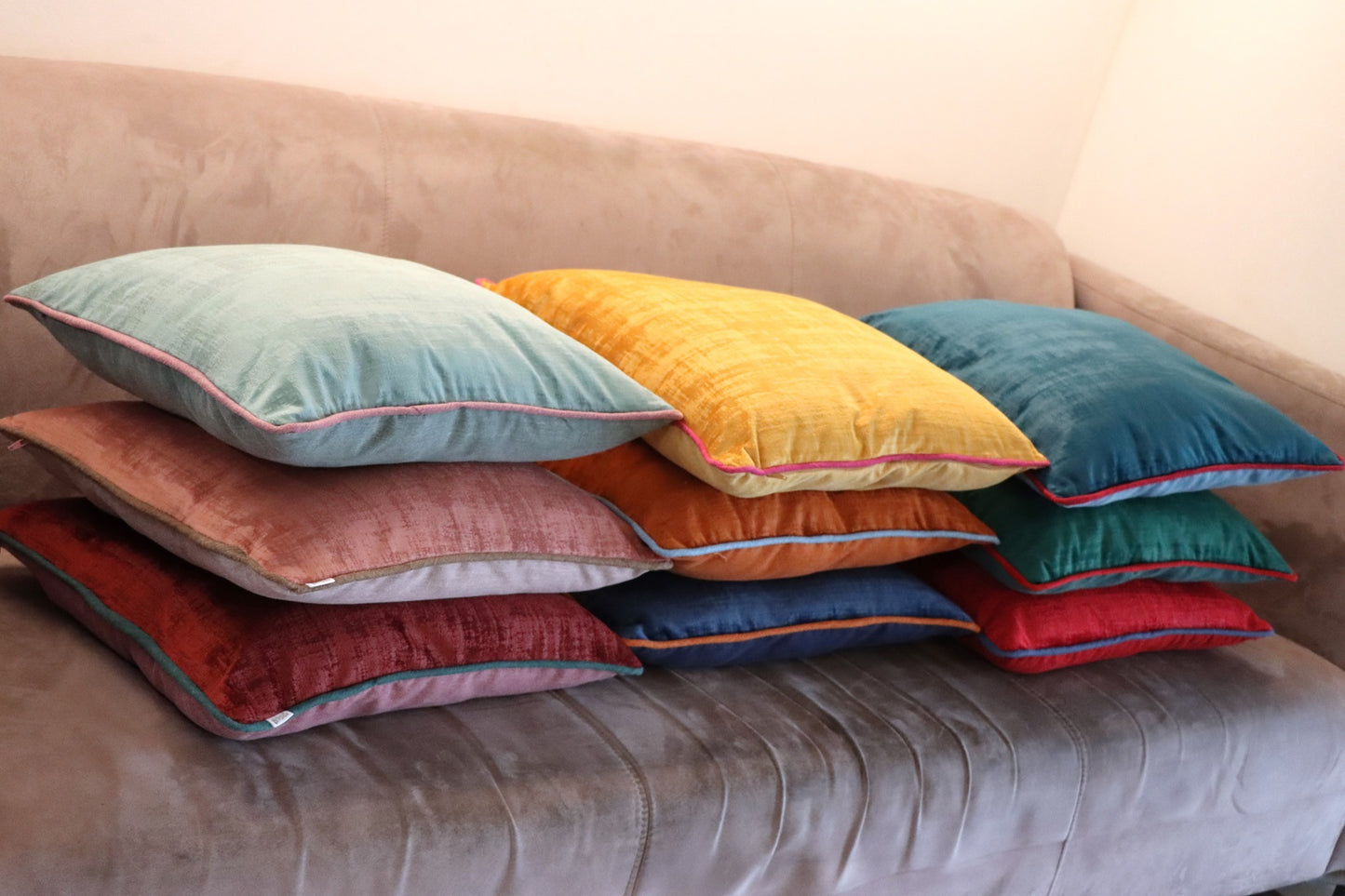 Colour options of high quality velvet cushion cover with contrasting piping