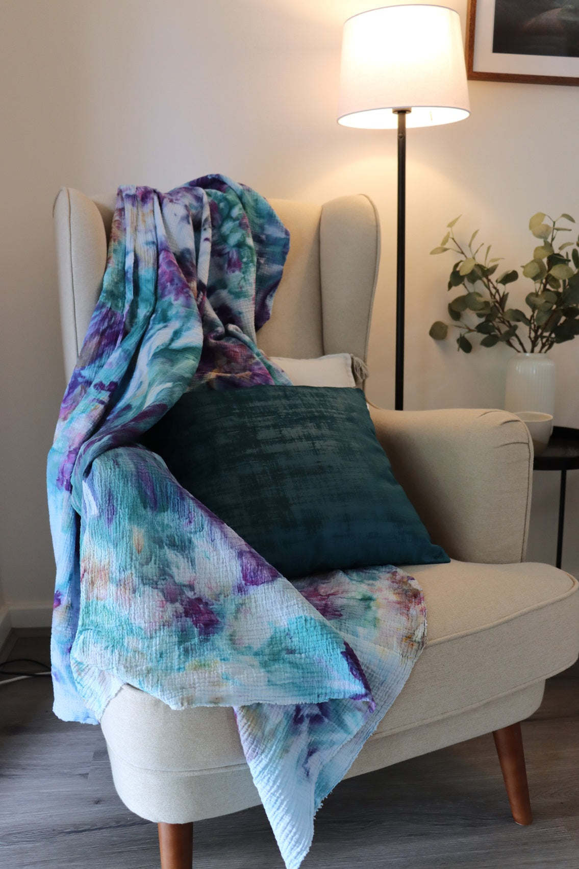 Purple and blue ice-dyed cotton throw