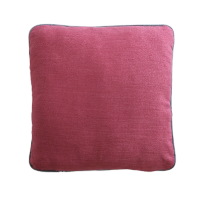 Pink chenille cushion cover with contrasting piping on a white background