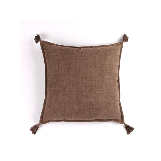 Front of brown handmade cushion cover with tassels