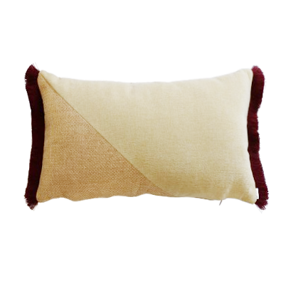 Yellow and red oblong cushion cover with cotton fringe on a white background