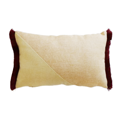 Yellow and red oblong cushion cover with cotton fringe on a white background