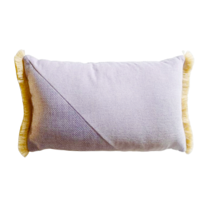 Purple and yellow oblong cushion cover with cotton fringe on a white background