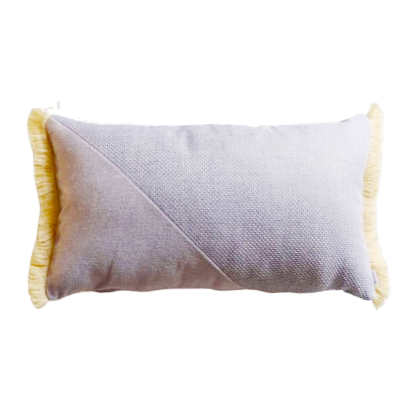 Purple and yellow oblong cushion cover with cotton fringe on a white background