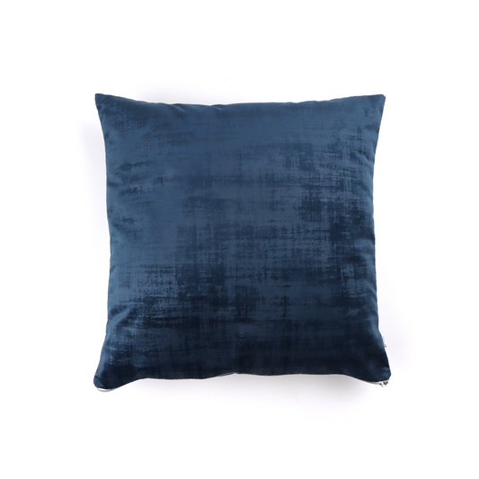 Front of navy blue textured velvet cushion cover with exposed zipper