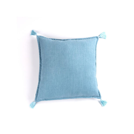 Front of light blue Handmade cushion cover with tassels