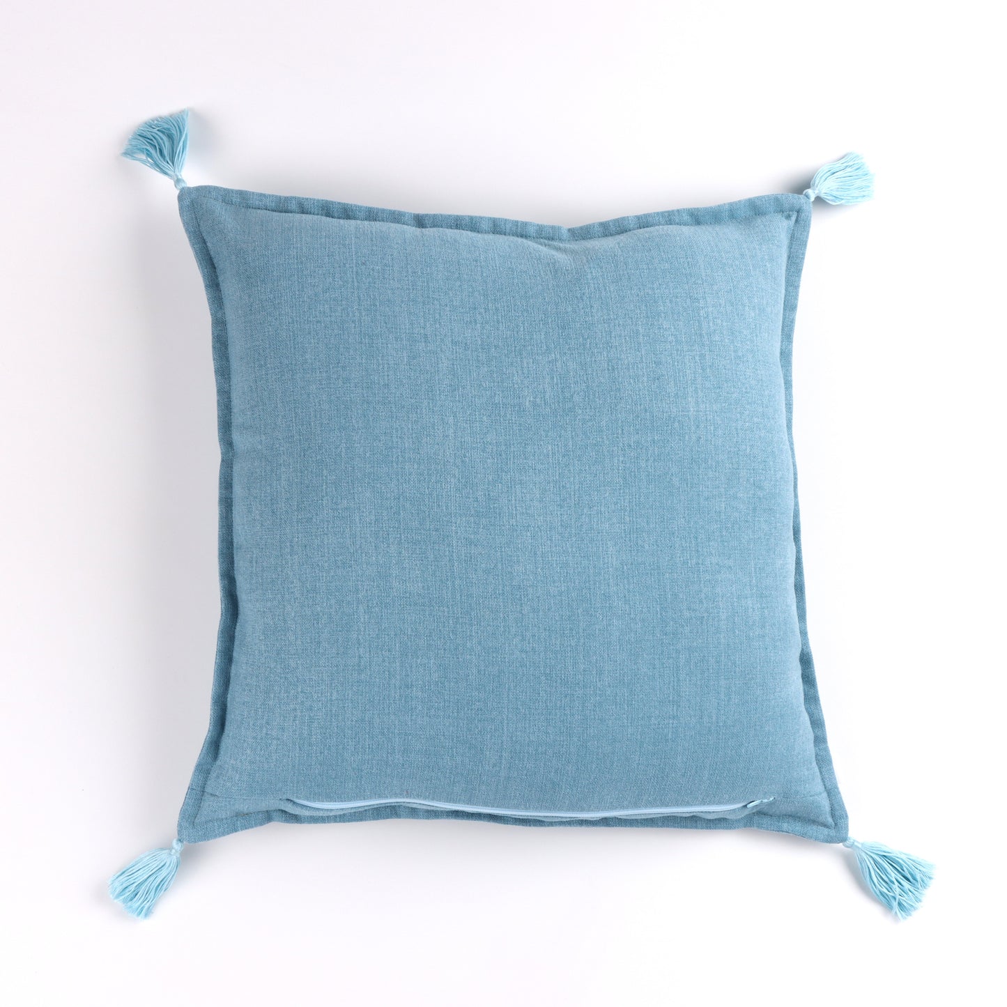 Back of light blue Handmade cushion cover with tassels