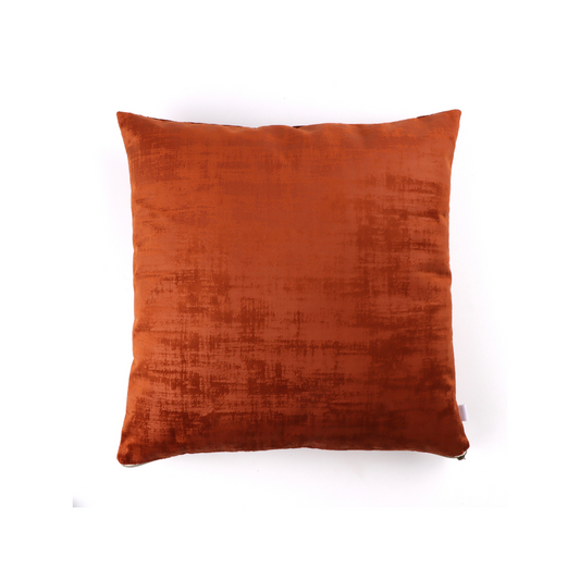 Front of burnt orange textured velvet cushion cover with exposed zipper
