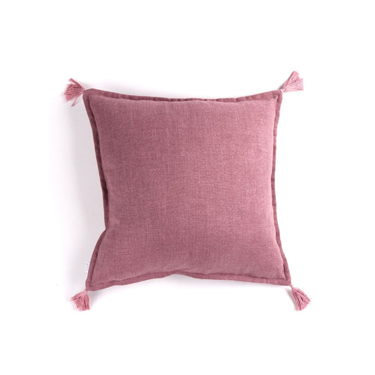 Front of light purple handmade cushion cover with tassels