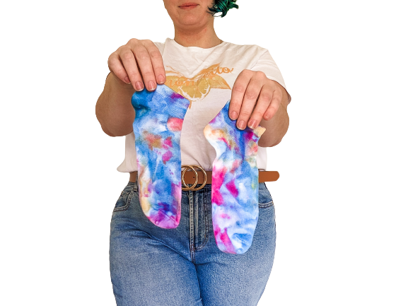 Person holding ankle length Ice-dyed bamboo socks