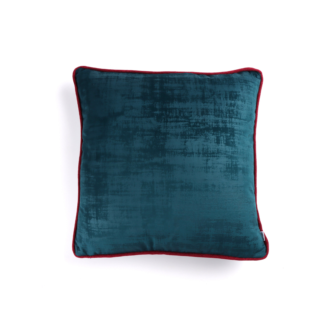 Front of peacock blue textured Velvet Cushion Cover with Contrasting Piping