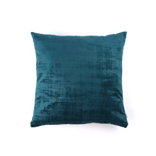 Front of peacock green textured velvet cushion cover with exposed zipper