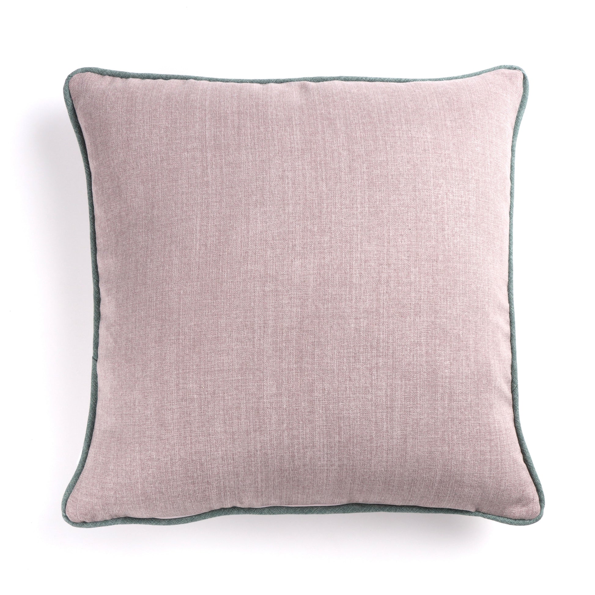 Back of soft pink velvet cushion cover with contrasting piping