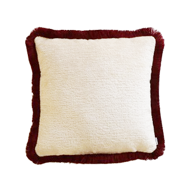 Burgundy chenille cushion cover with cotton fringe on a white background