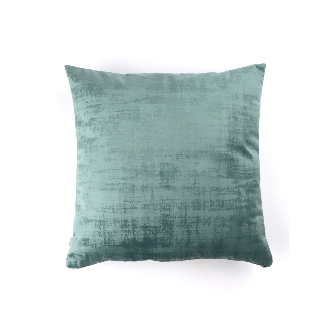 Front of seafoam green textured velvet cushion cover with exposed zipper